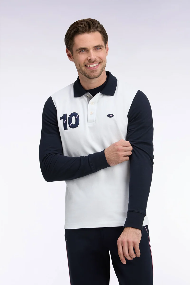 Polo à manches longues en piqué de coton peigné bicolore blanc XV de France