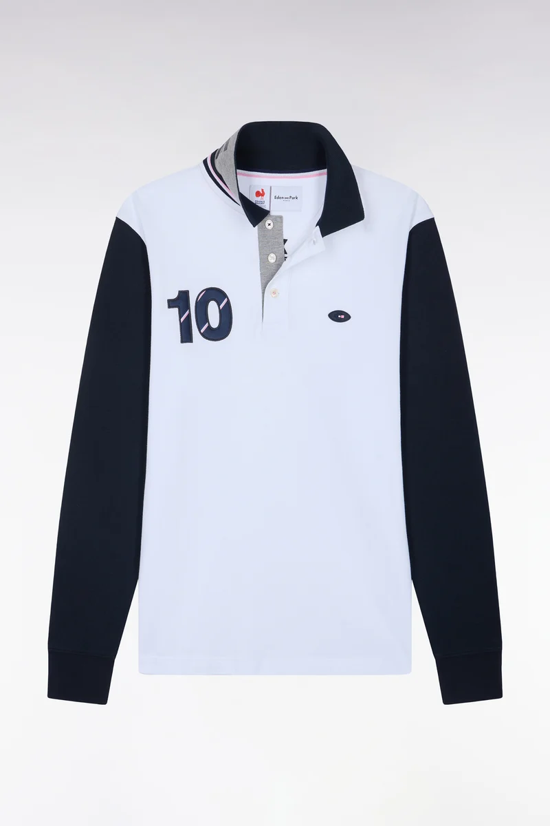 Polo à manches longues en piqué de coton peigné bicolore blanc XV de France