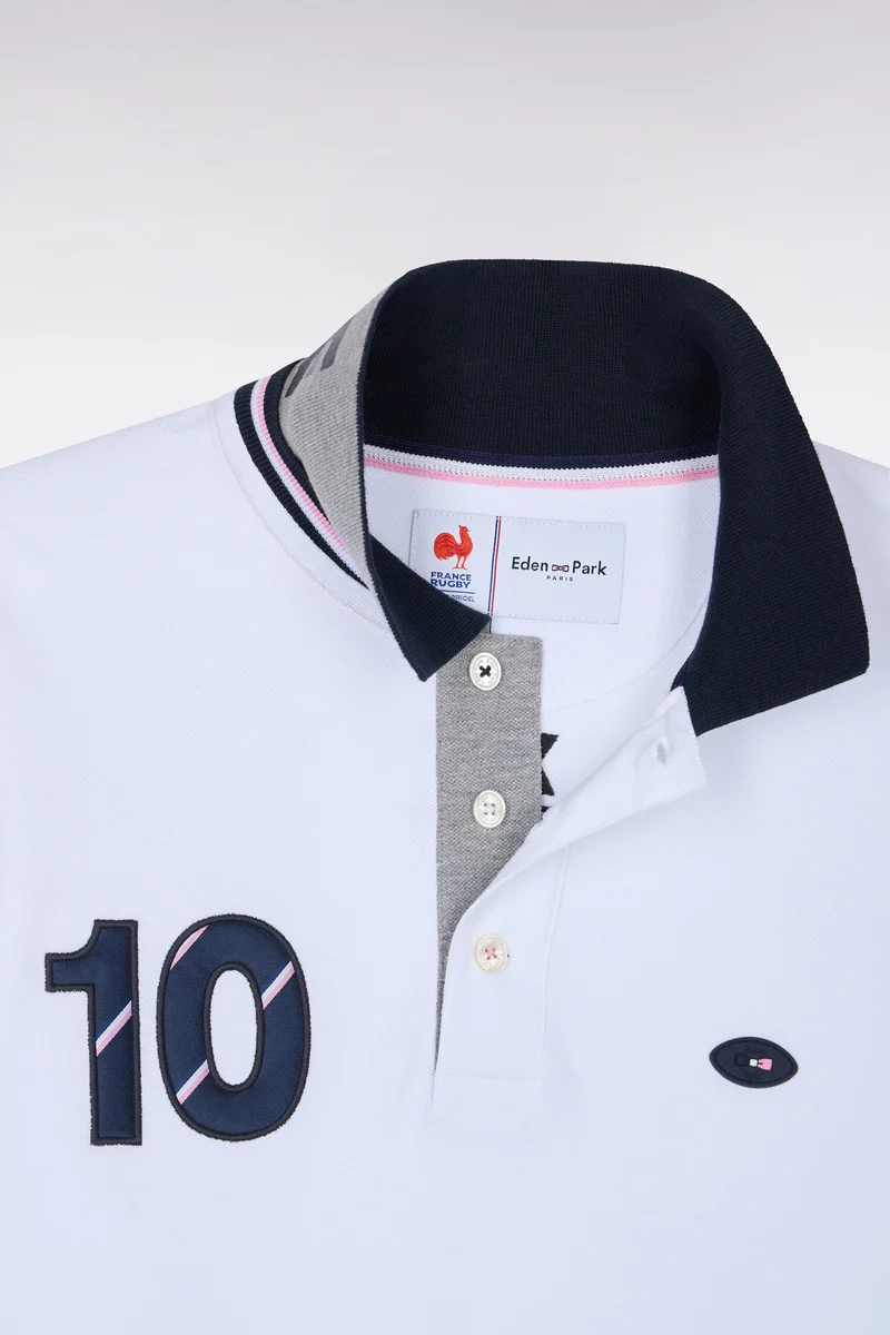 Polo à manches longues en piqué de coton peigné bicolore blanc XV de France