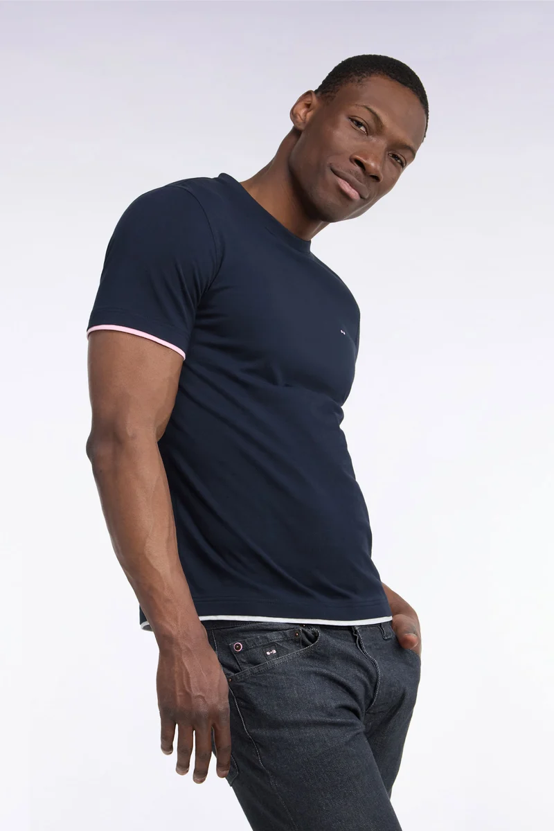 T-shirt manches courtes en coton marine sérigraphie dos coupe droite
