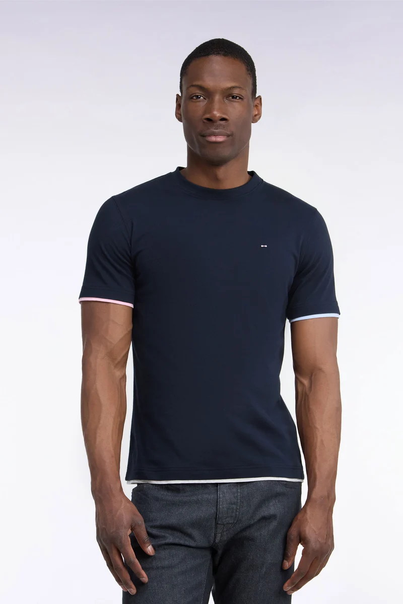 T-shirt manches courtes en coton marine sérigraphie dos coupe droite