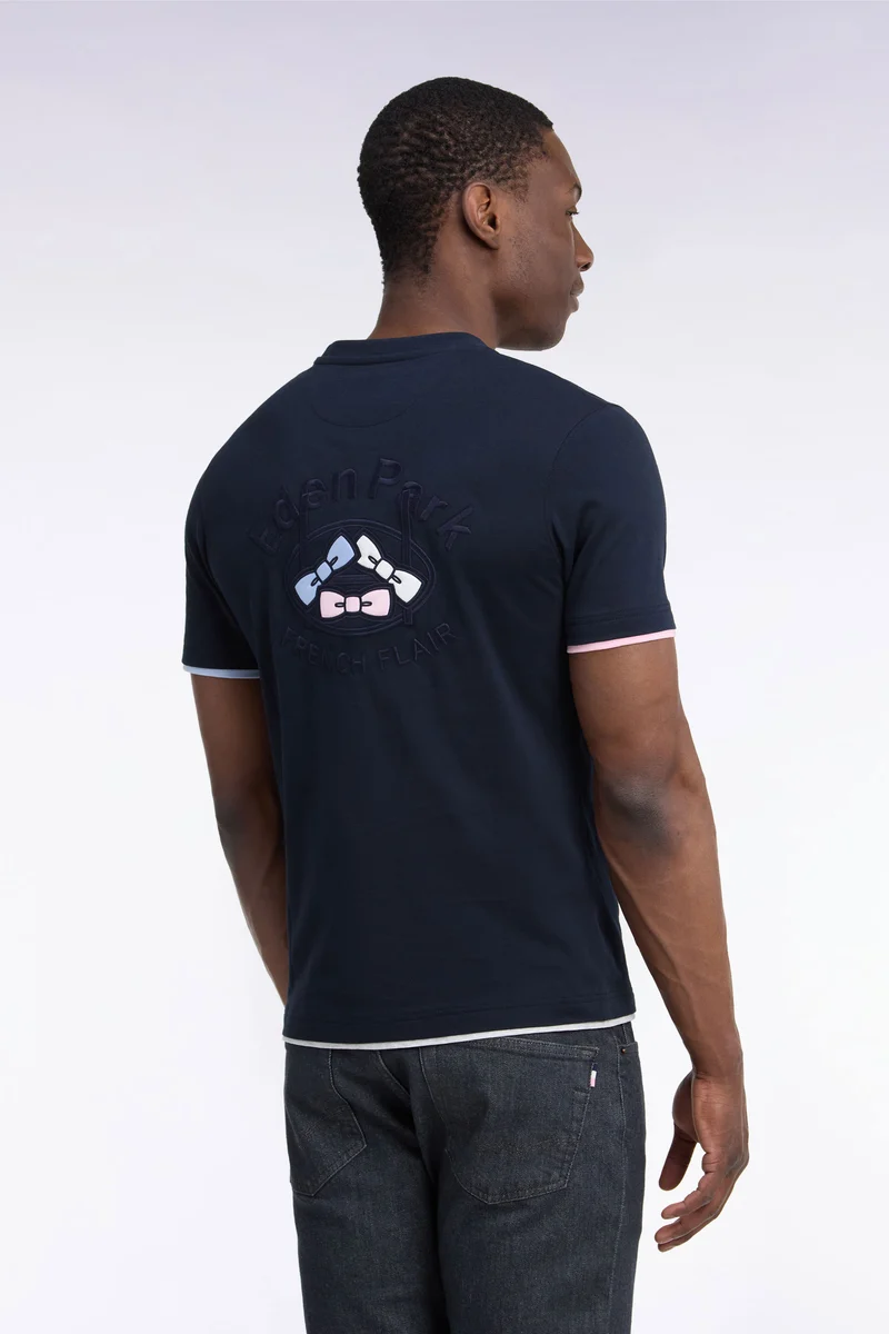 T-shirt manches courtes en coton marine sérigraphie dos coupe droite