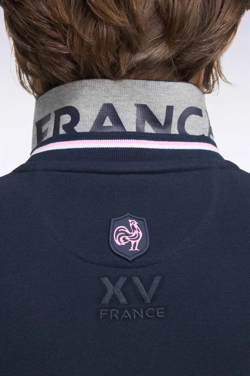 Polo à manches longues en piqué de coton peigné bicolore marine XV de France