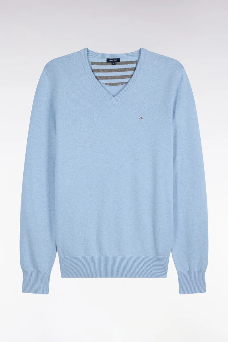 Pull col V en laine et coton ciel coupe droite