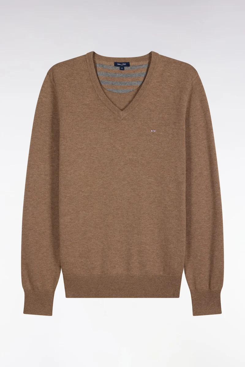 Pull col V en laine et coton marron coupe droite