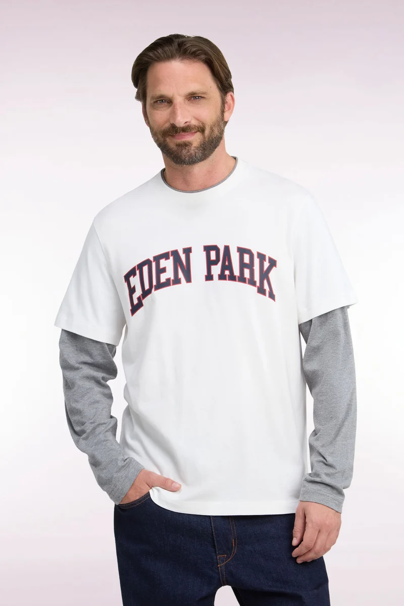 T-shirt manches longues effet superposition en coton peigné écru coupe droite