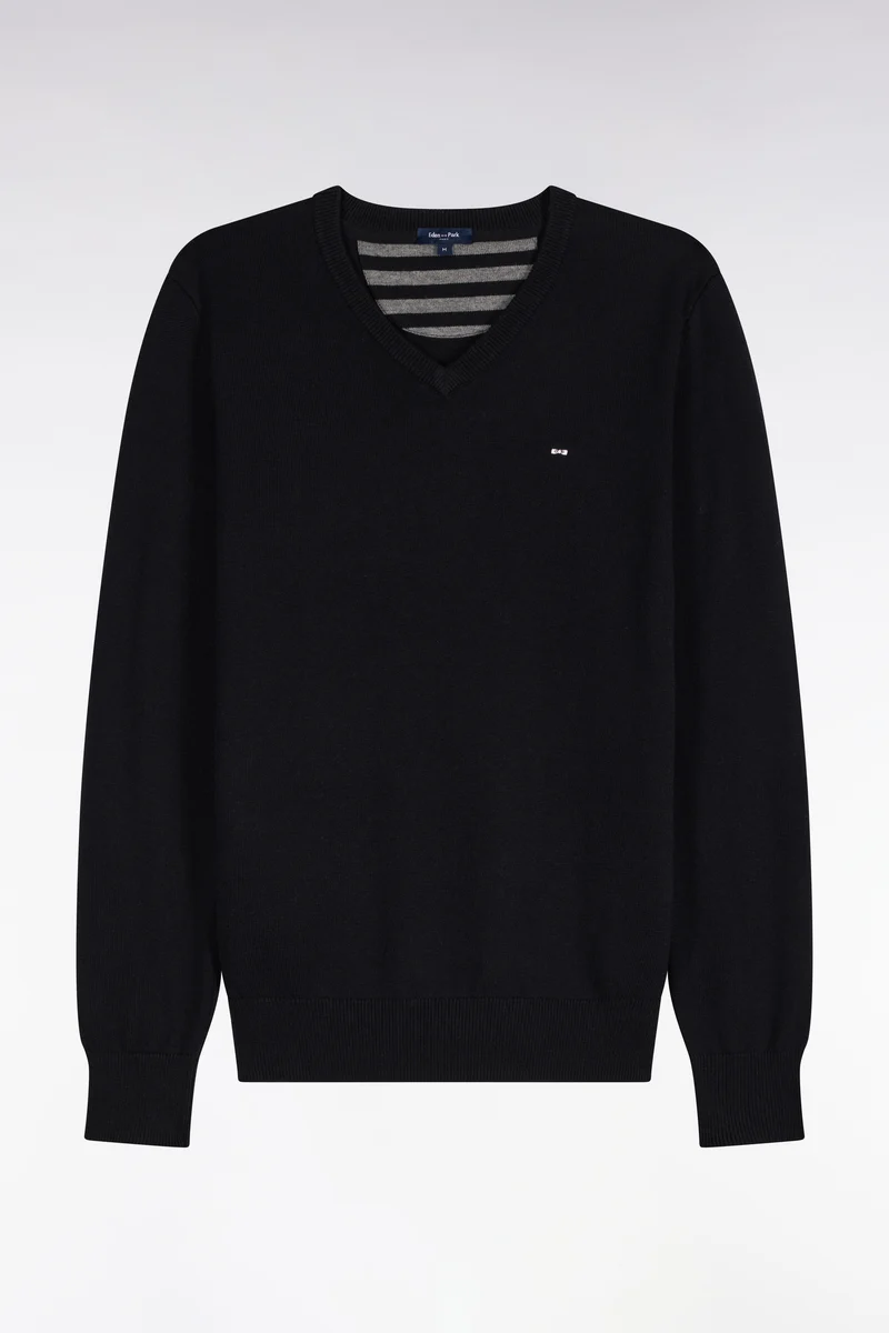 Pull col V en laine et coton noir coupe droite