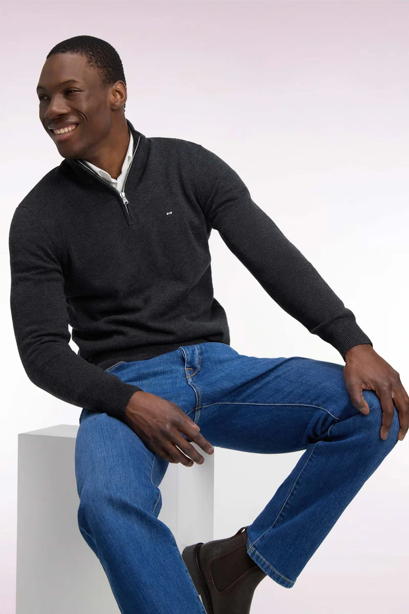 Pull col camionneur en laine et coton gris foncé coupe droite