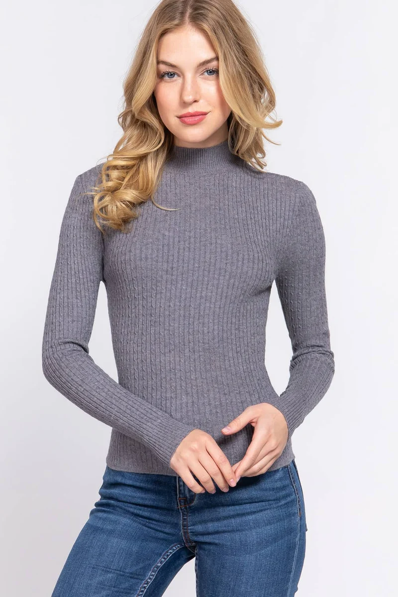Lt Blue Long Sleeve Mock Neck Rib Sweater