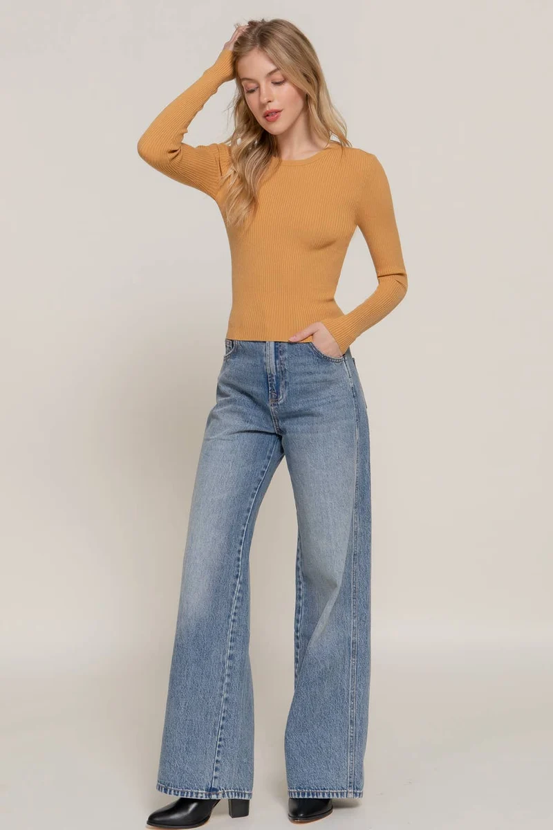 Navy Crew Neck Viscose Rib Sweater