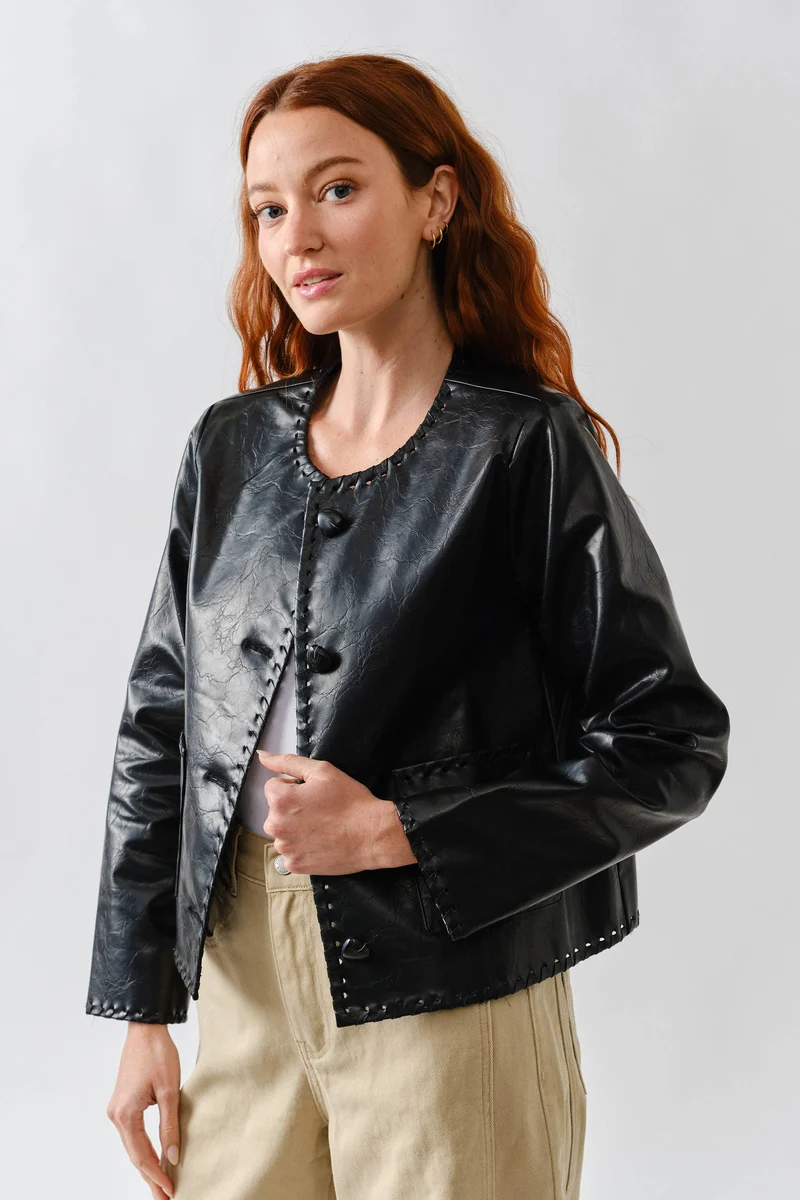 MAJ3284 WHIPSTITCH EDGE FAUX LEATHER JACEKT: BLACK / L
