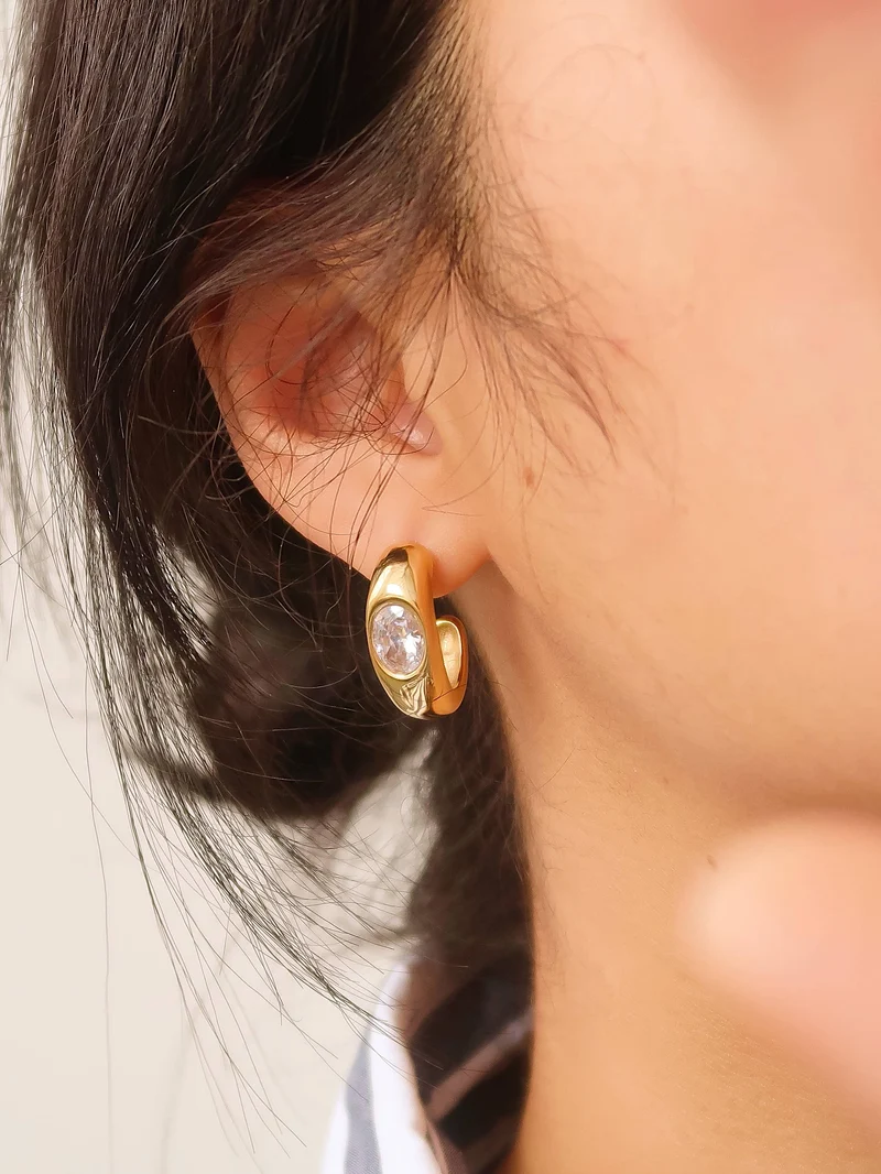 Aliénor 18K Gold Non-Tarnish CZ Classic C Hoop Earring: Yellow