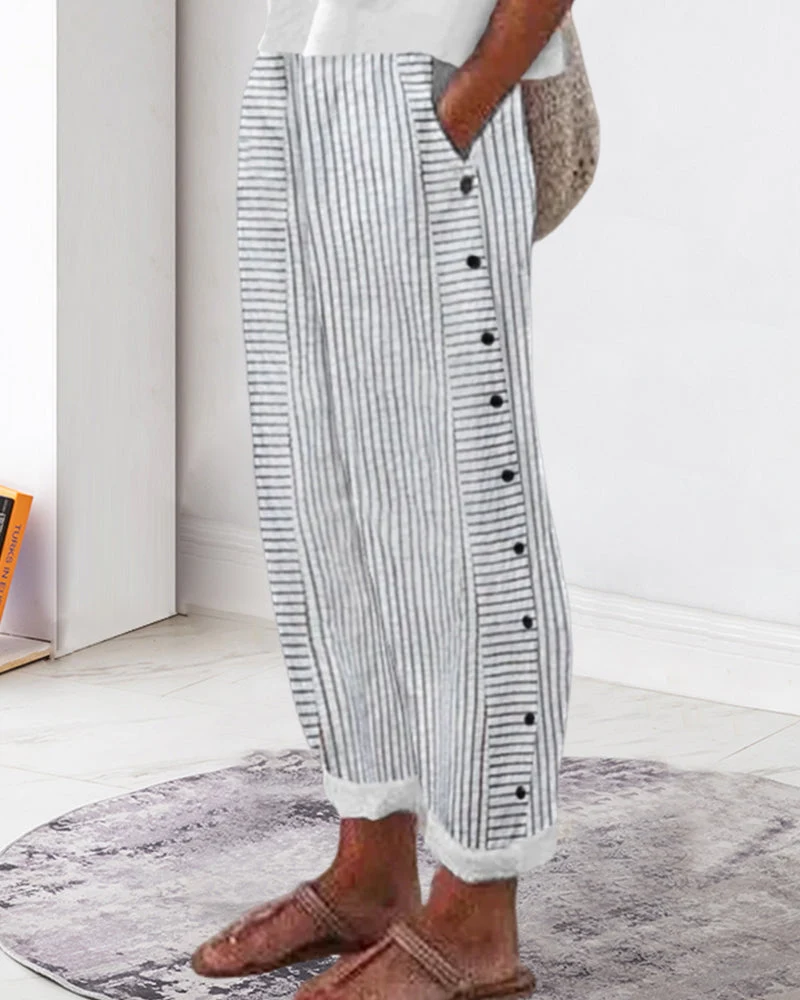 Mathilde | Pantalon à rayures et boutons sur les côtés pour femme