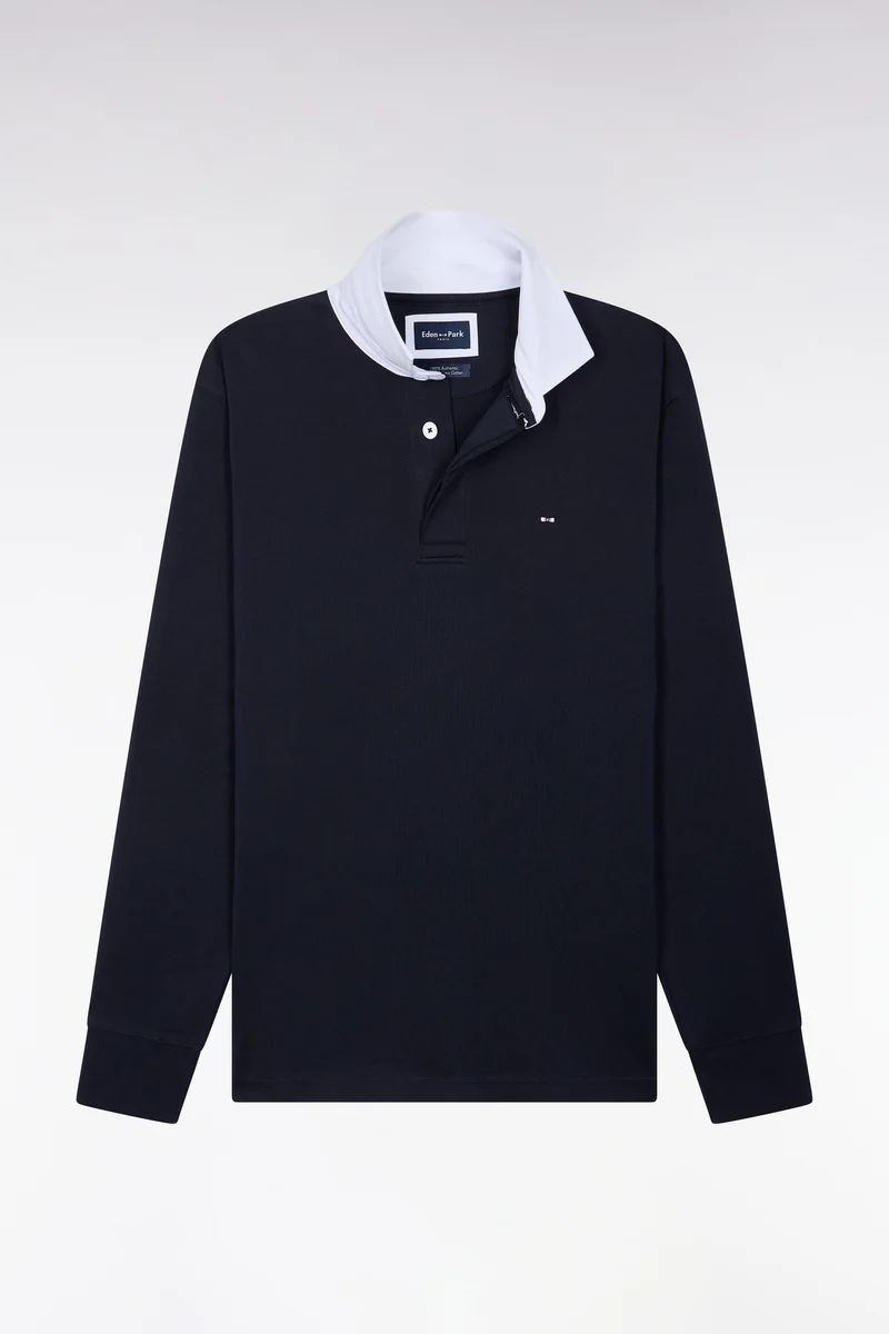 Maillot manches longues en coton Pima marine à col blanc coupe droite
