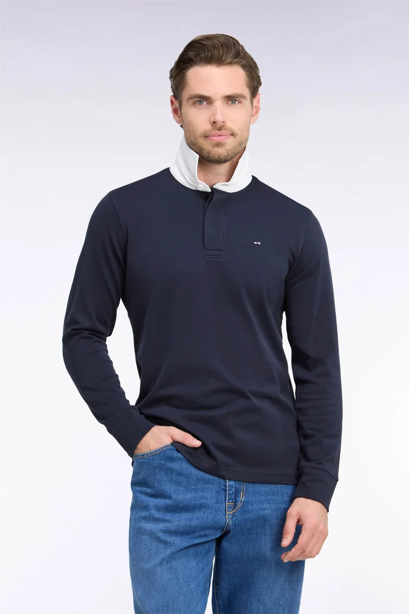 Maillot manches longues en coton Pima marine à col blanc coupe droite