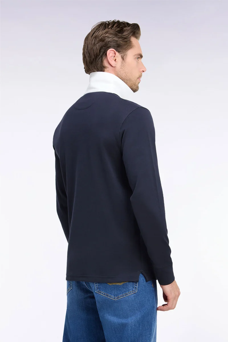 Maillot manches longues en coton Pima marine à col blanc coupe droite