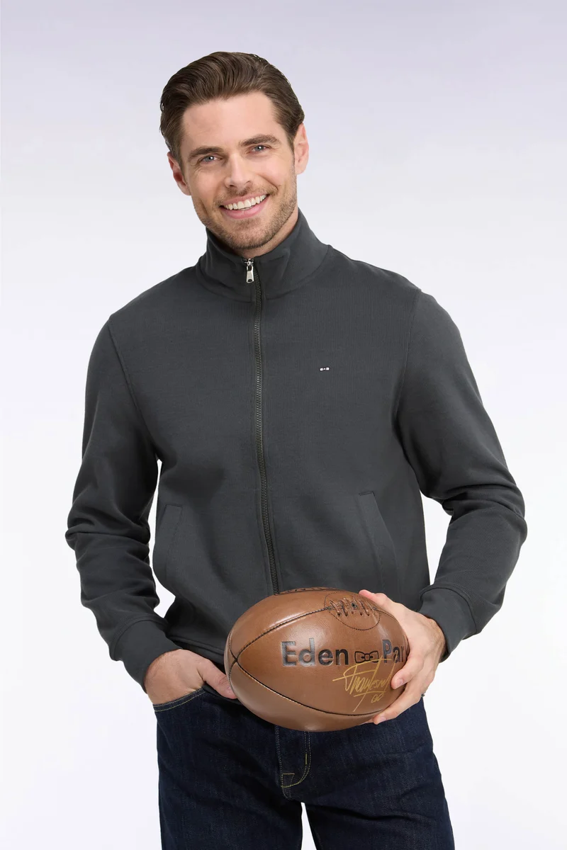 Sweatshirt zippé en molleton coton kaki coupe droite