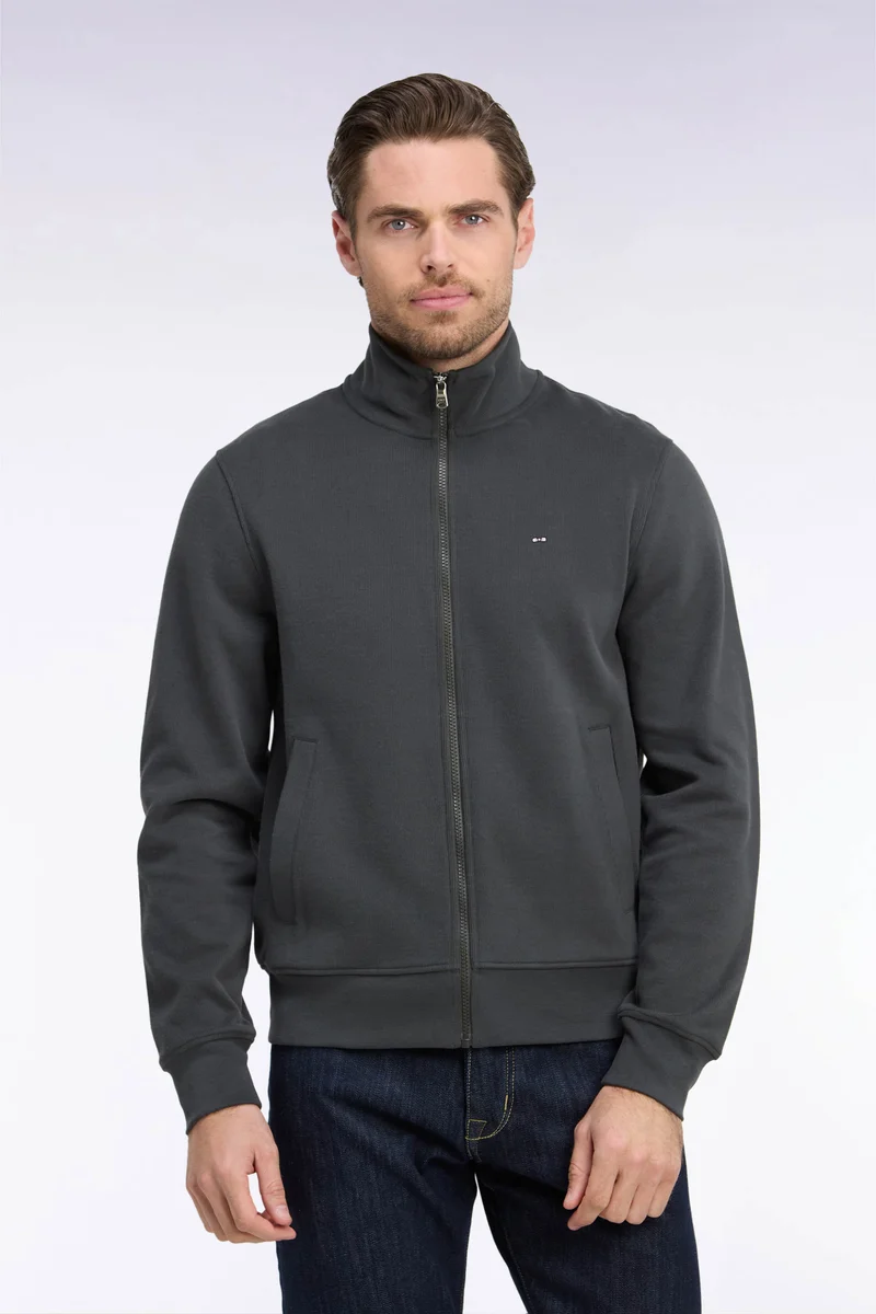 Sweatshirt zippé en molleton coton kaki coupe droite