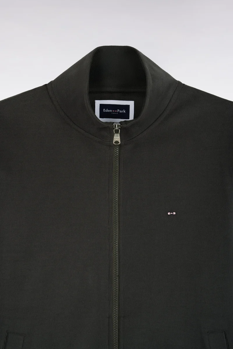 Sweatshirt zippé en molleton coton kaki coupe droite