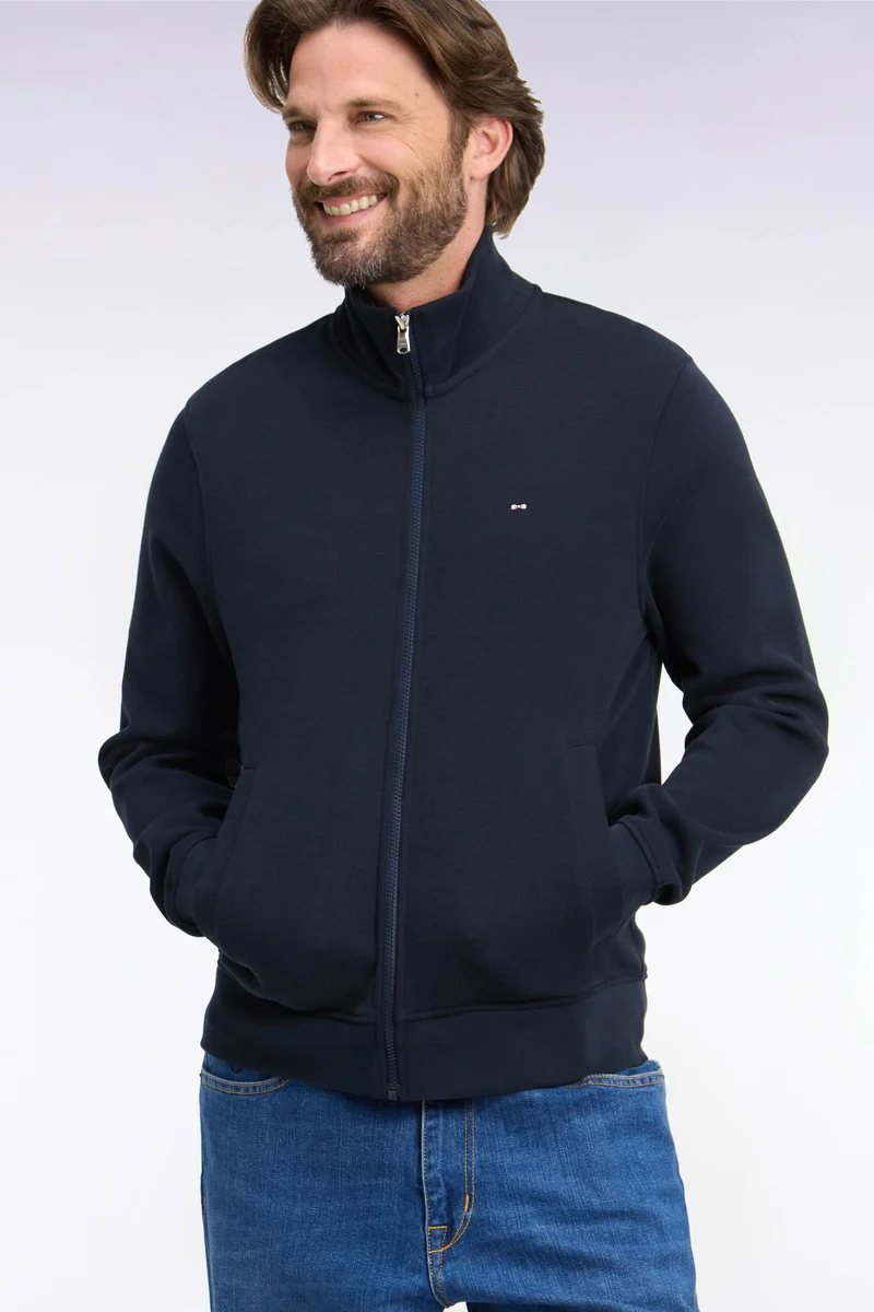 Sweatshirt zippé en molleton coton marine coupe droite