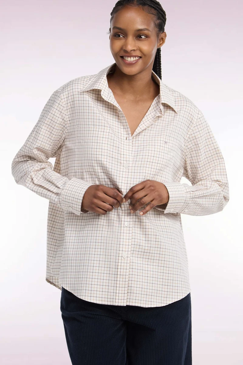 Chemise en coton écru à carreaux moutarde et marine coupe décontractée