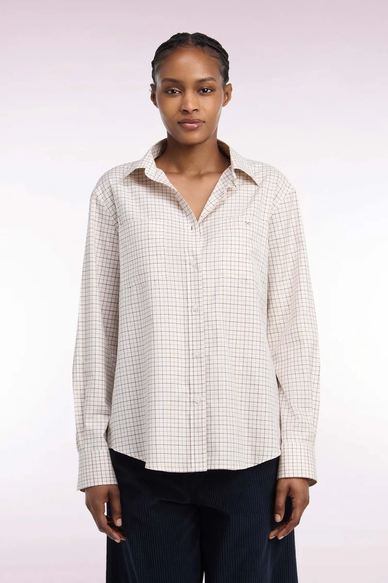 Chemise en coton écru à carreaux moutarde et marine coupe décontractée