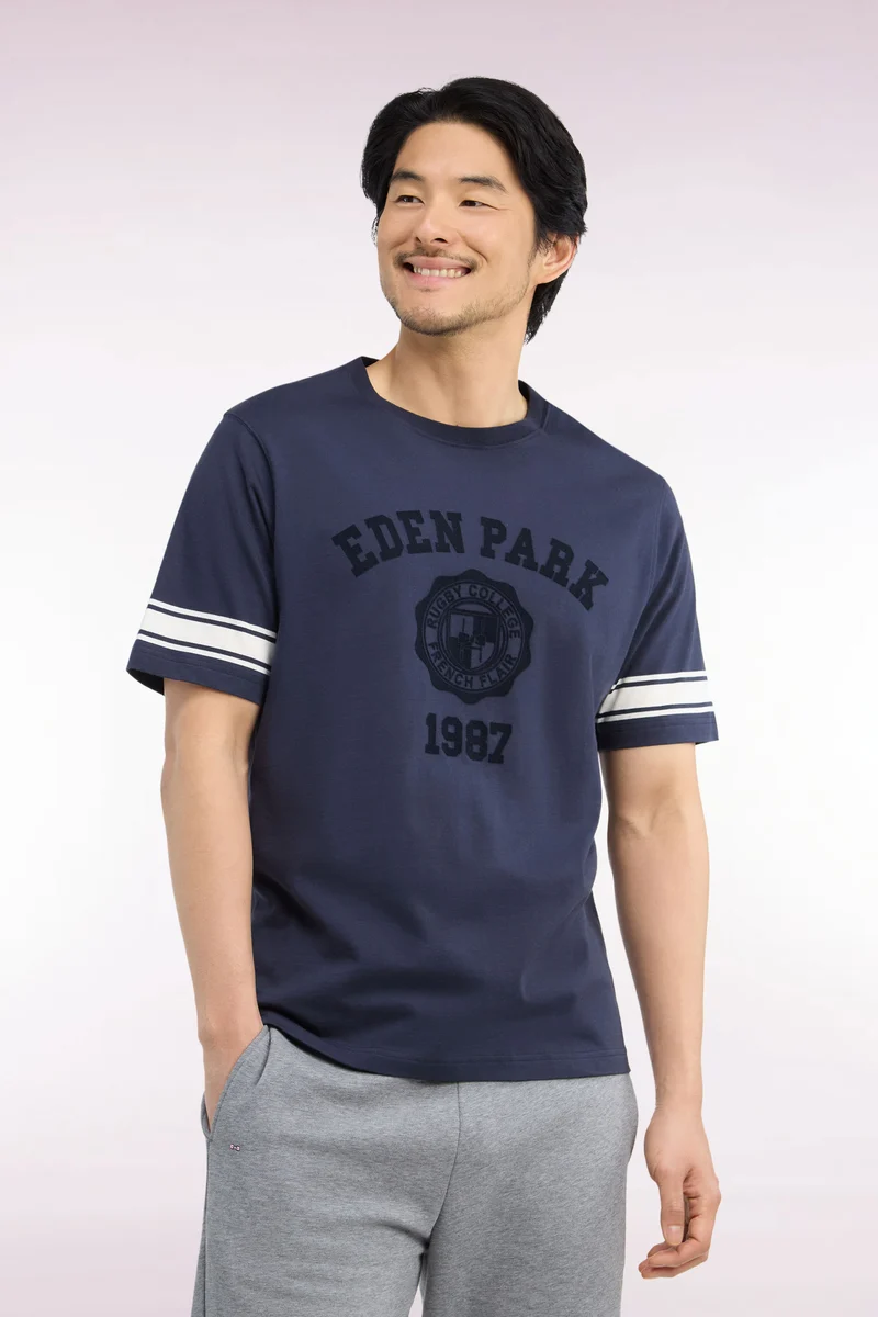 T-shirt manches courtes en coton marine sérigraphié coupe droite