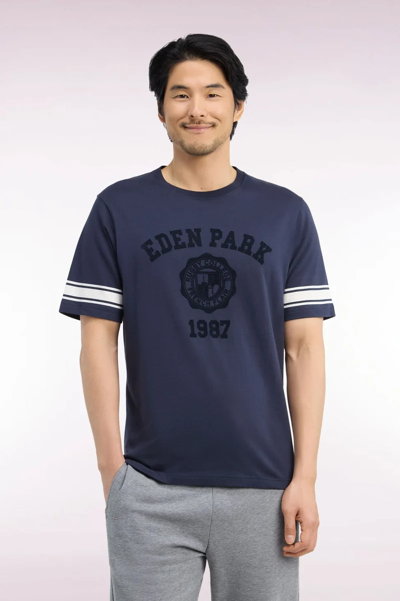 T-shirt manches courtes en coton marine sérigraphié coupe droite