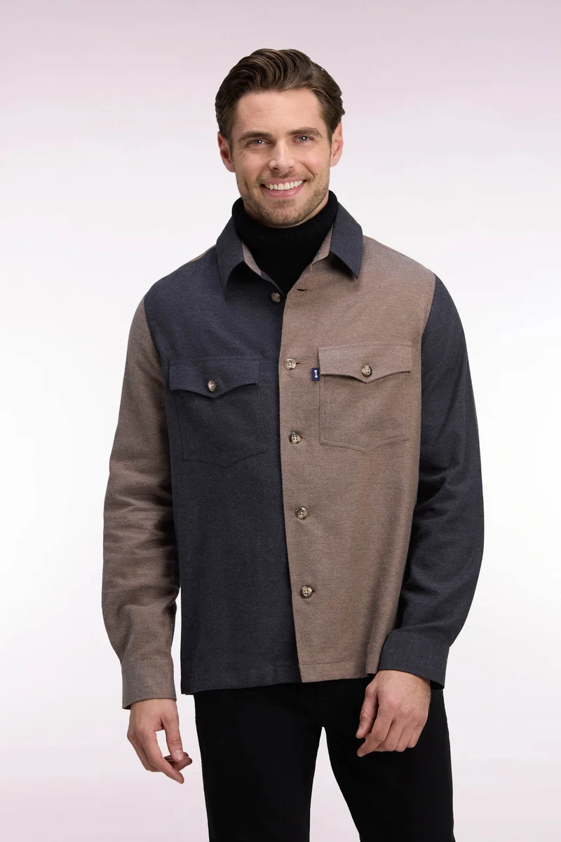 Surchemise en coton bicolore camel et kaki coupe droite