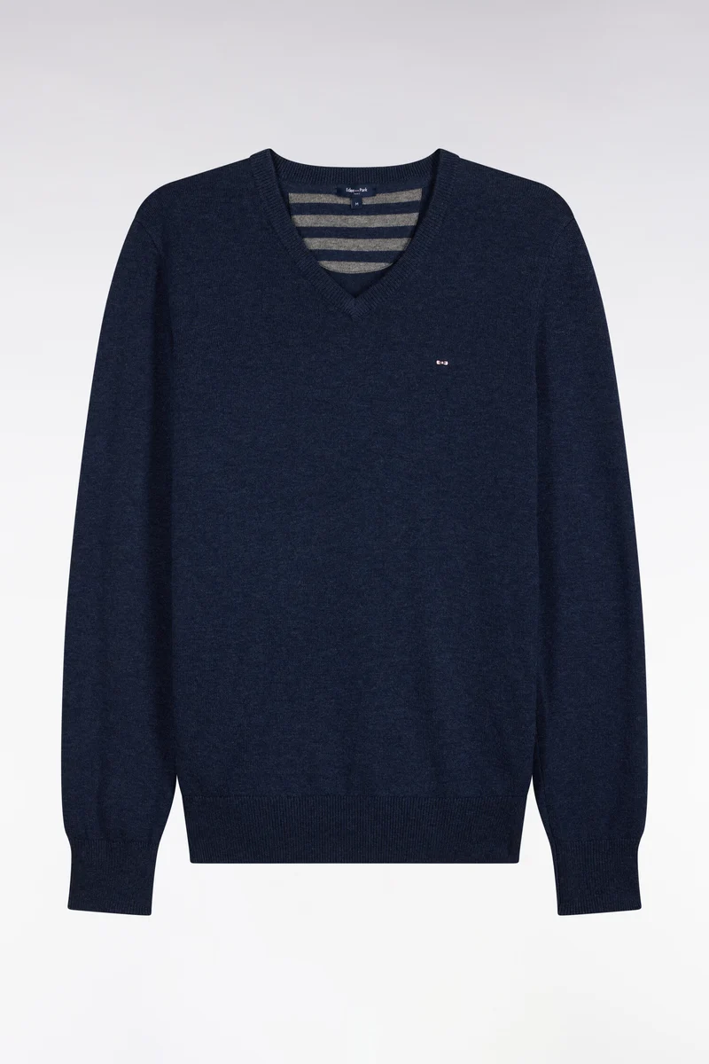 Pull col V en laine et coton bleu coupe droite