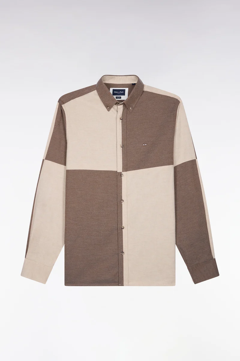 Chemise en coton camel et beige coupe droite