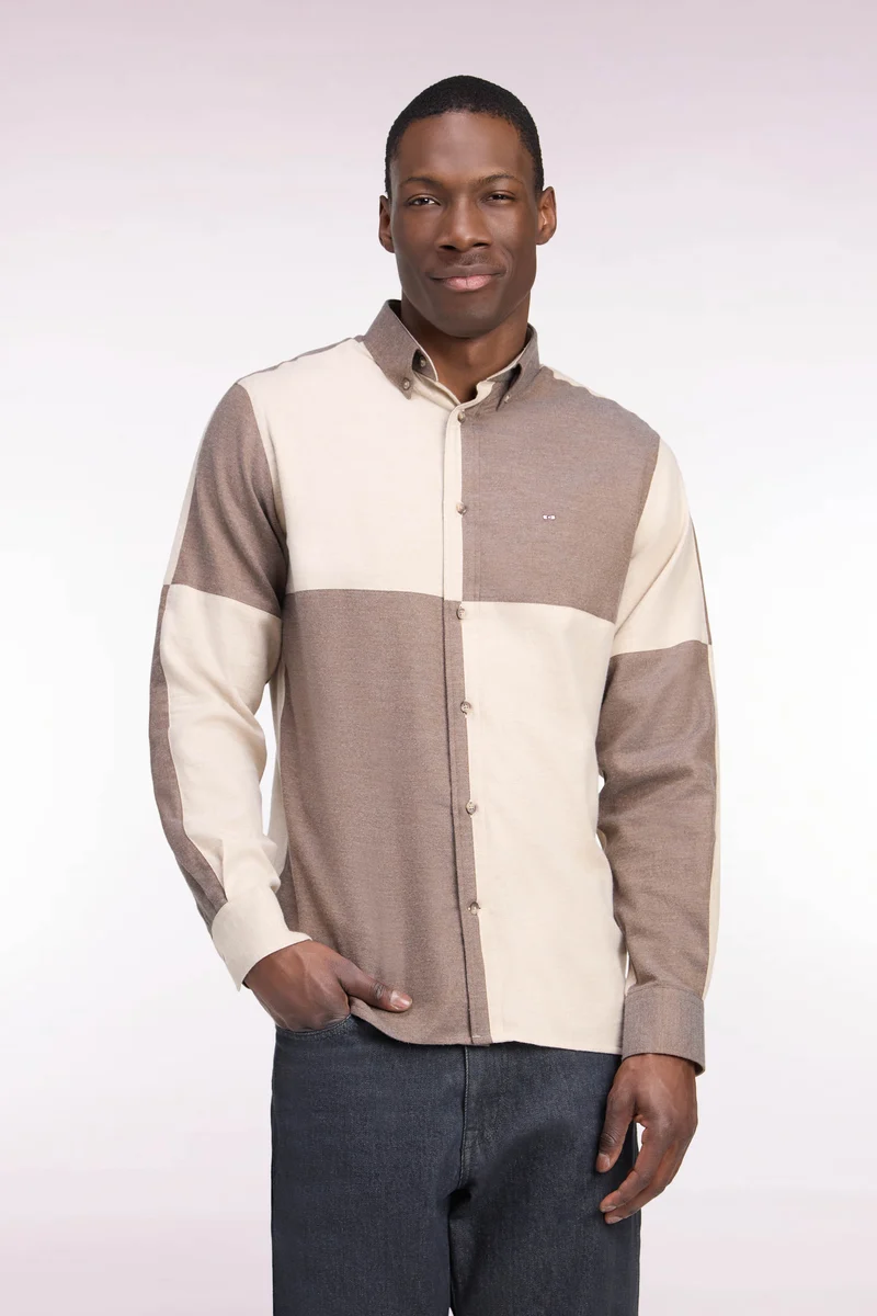 Chemise en coton camel et beige coupe droite