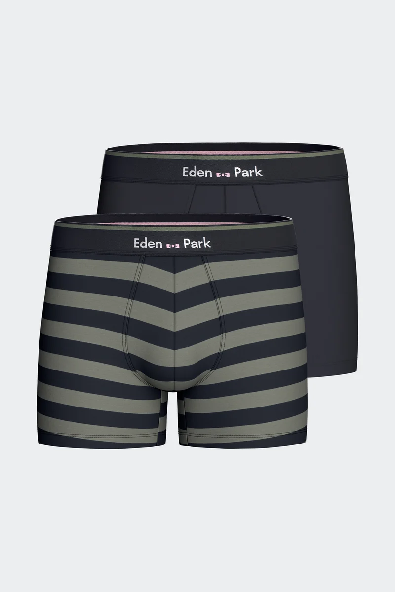 Lot de 2 boxers en jersey de coton stretch unis et rayés marine et kaki