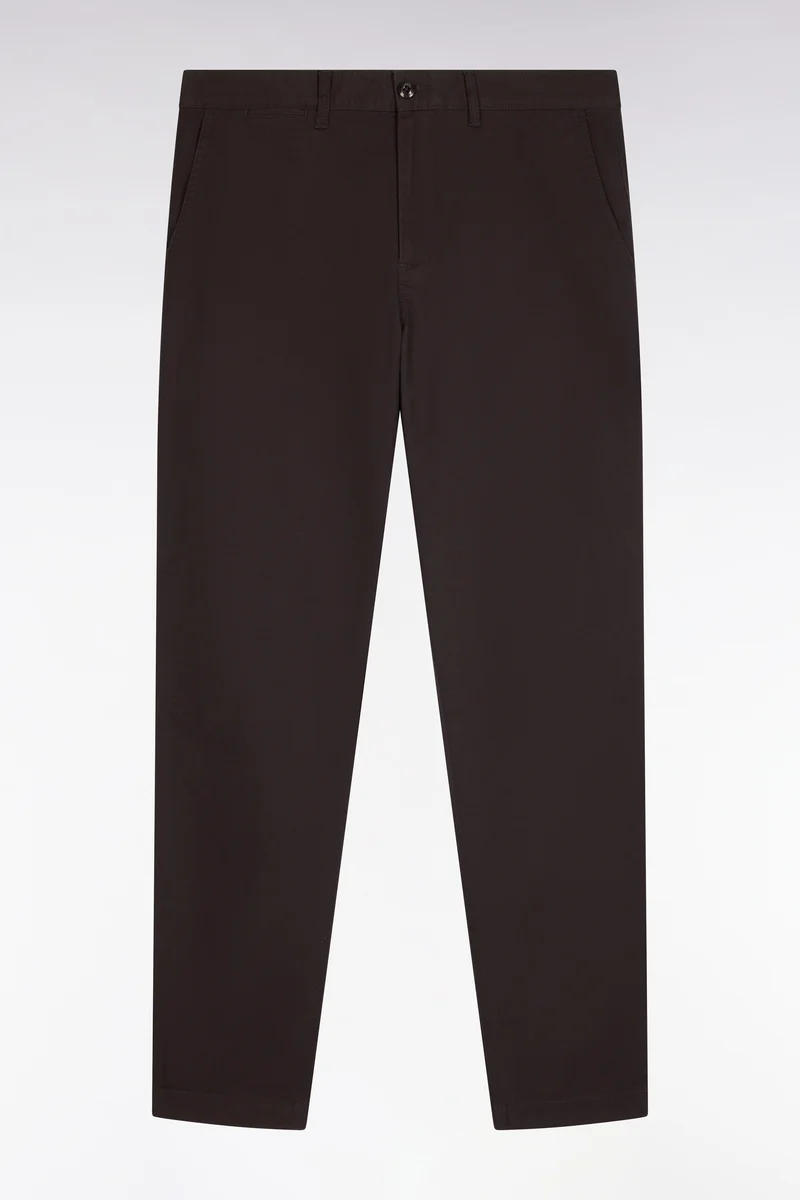 Pantalon chino sans plis en piqué de coton stretch marron coupe regular