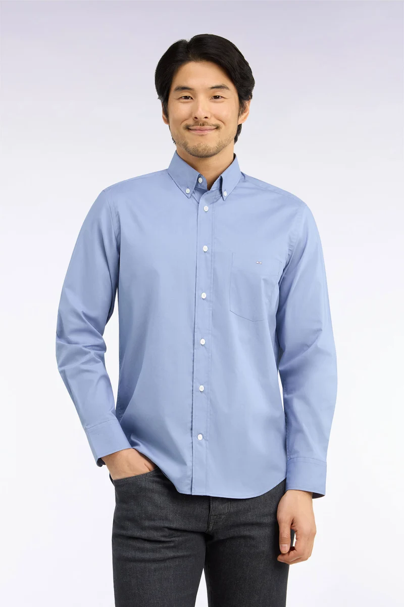 Chemise en coton bleu à détails micromotifs coupe droite