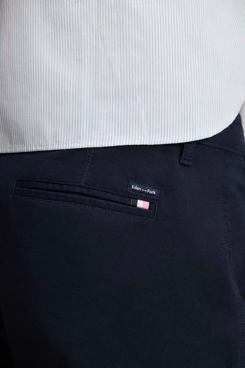 Pantalon chino sans plis en piqué de coton stretch marine coupe regular