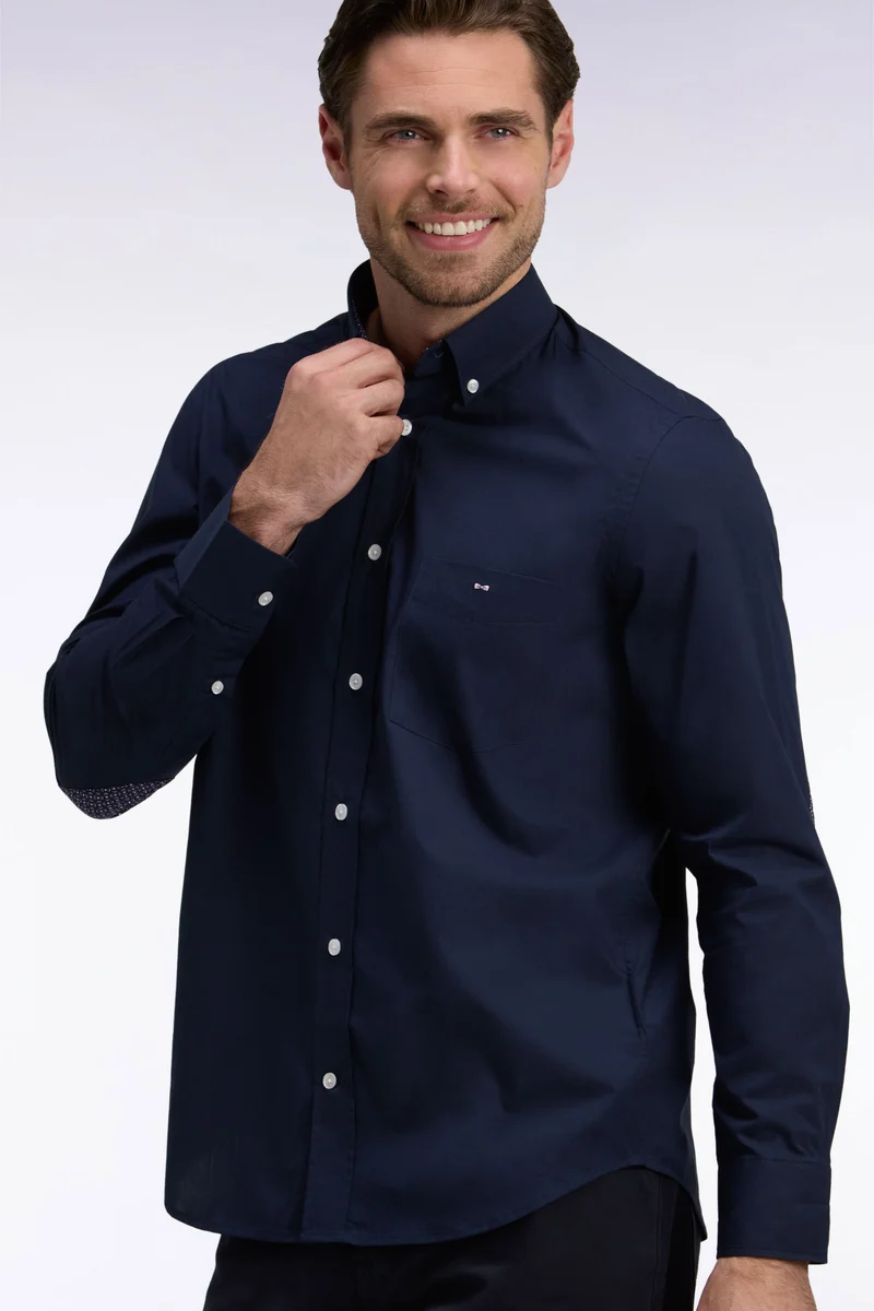 Chemise en coton marine à détails micromotifs coupe droite