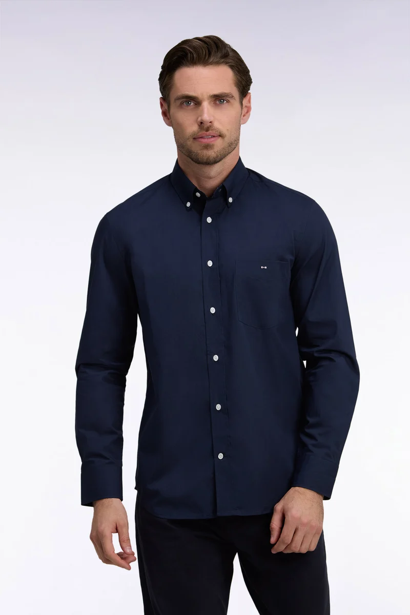 Chemise en coton marine à détails micromotifs coupe droite