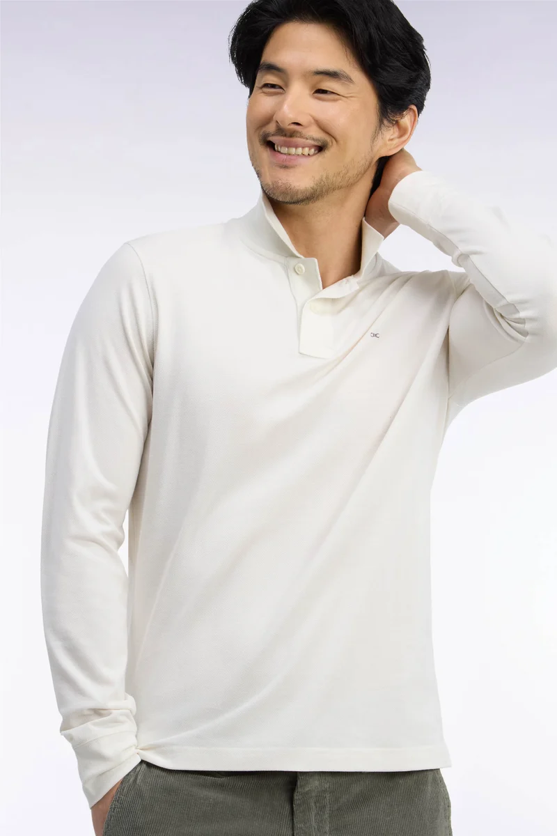 Polo manches longues en coton Pima écru coupe droite