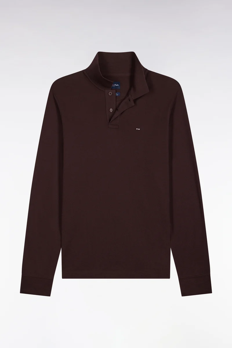 Polo manches longues en coton Pima marron coupe droite