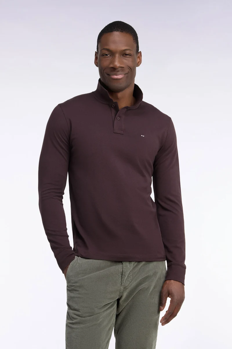 Polo manches longues en coton Pima marron coupe droite