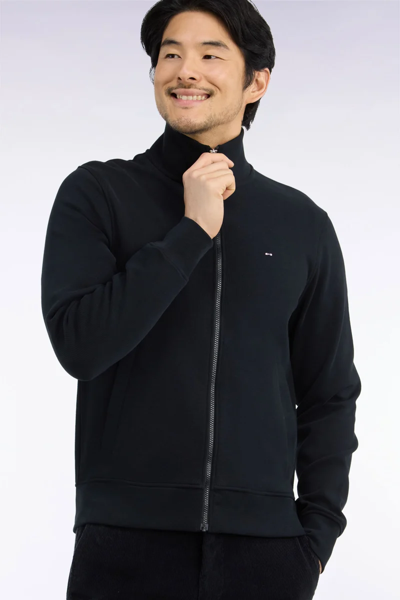 Sweatshirt zippé en molleton coton noir coupe droite