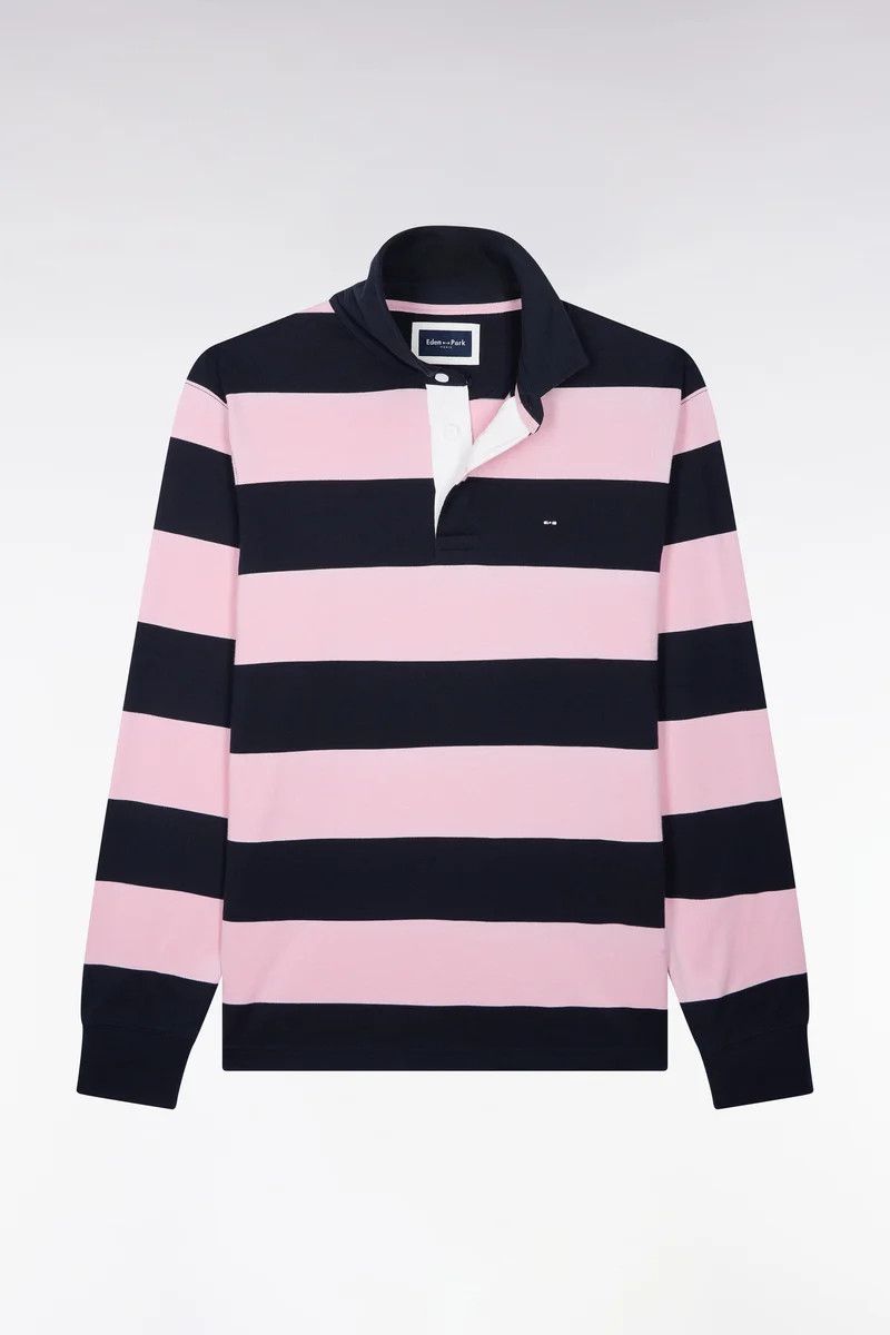 Maillot manches longues en coton rayé rose et marine coupe droite