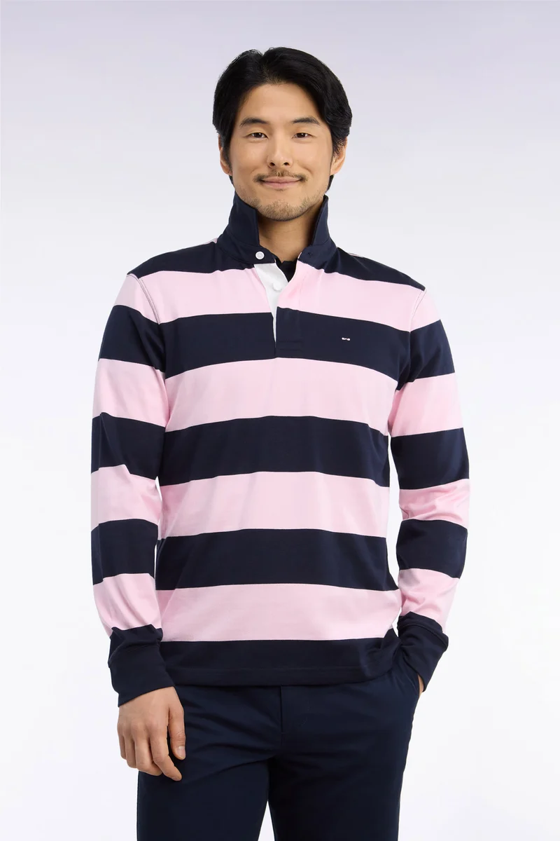 Maillot manches longues en coton rayé rose et marine coupe droite