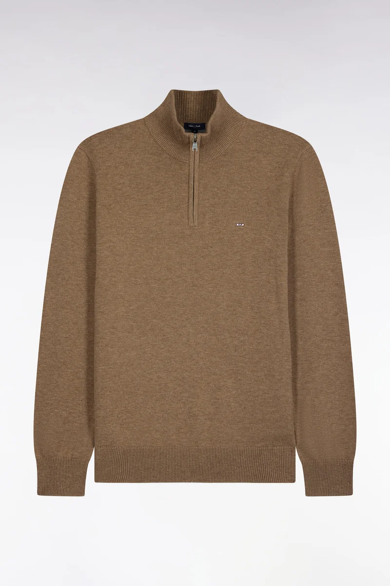 Pull col camionneur en laine et coton marron coupe droite