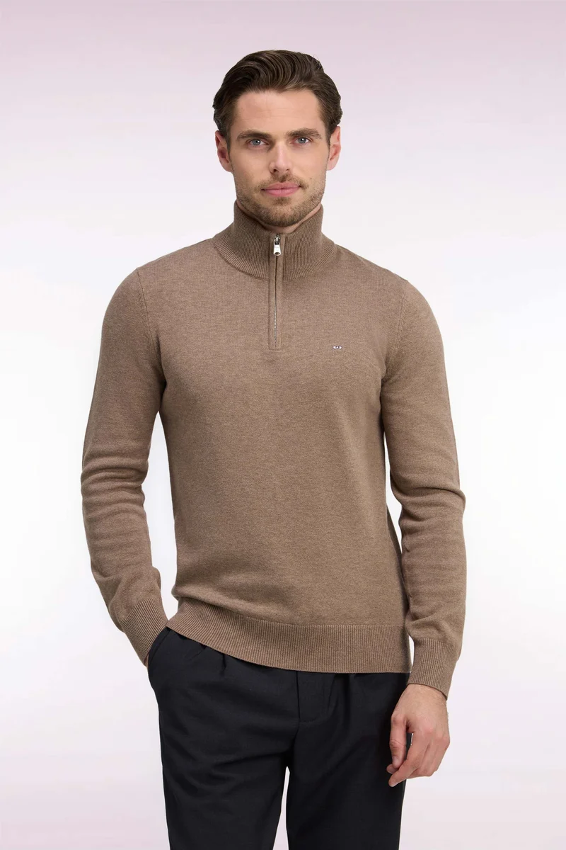 Pull col camionneur en laine et coton marron coupe droite