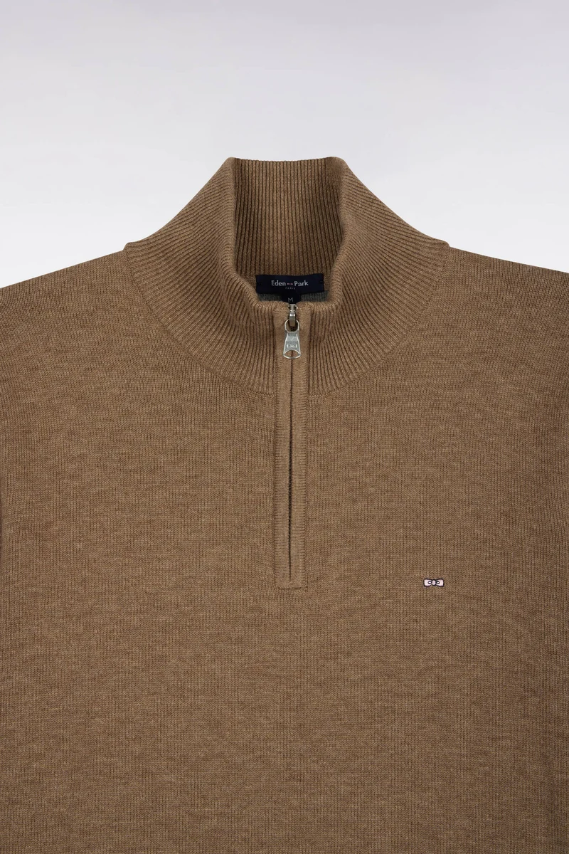Pull col camionneur en laine et coton marron coupe droite