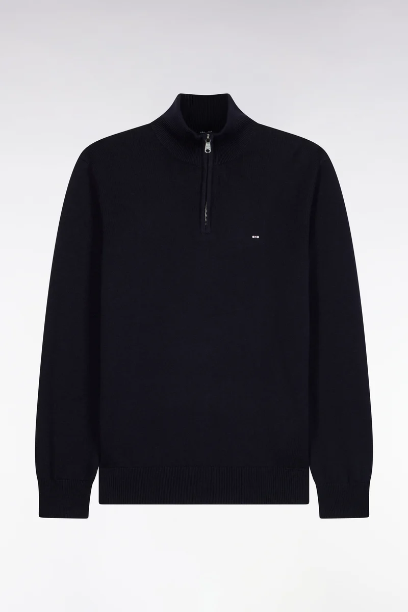 Pull col camionneur en laine et coton marine coupe droite