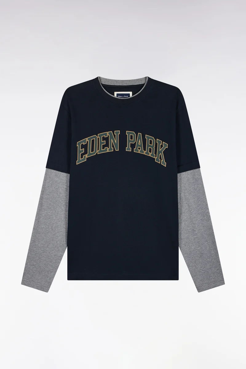T-shirt manches longues effet superposition en coton peigné marine coupe droite