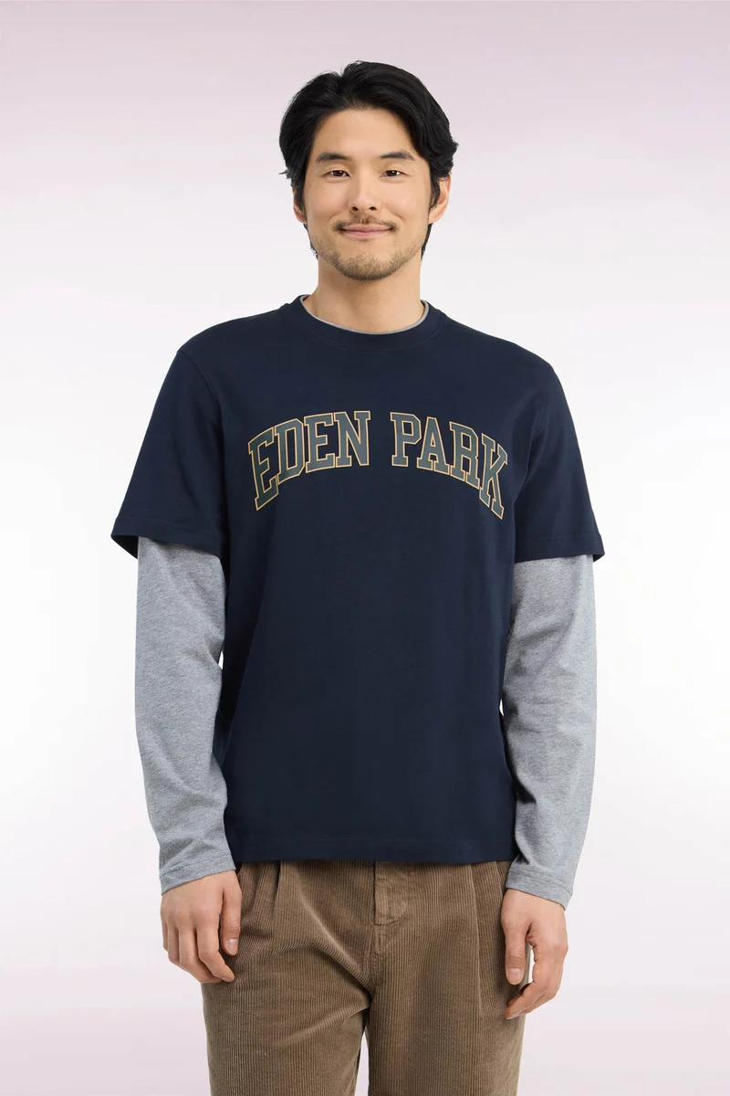 T-shirt manches longues effet superposition en coton peigné marine coupe droite
